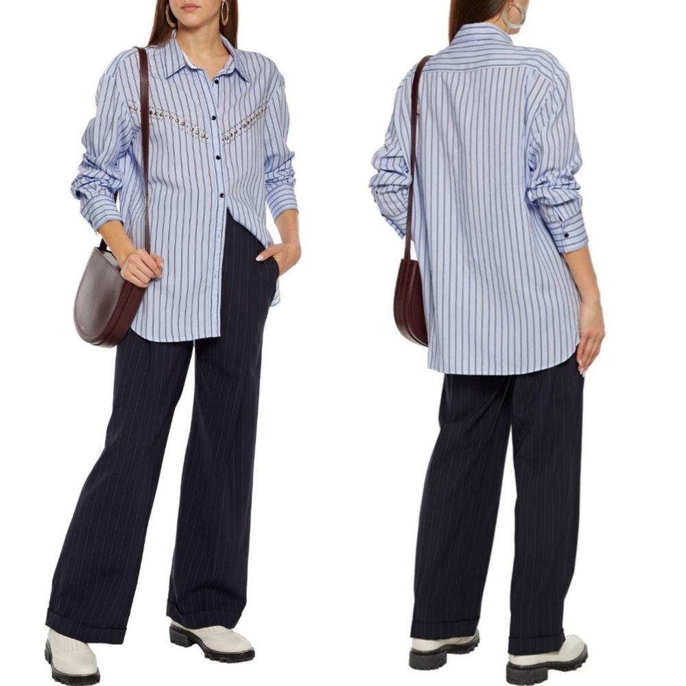 SANDRO Viala Embellished Striped Poplin Shirt NWT 10.